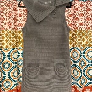Calvin Klein Ribbed Gray Sweater Dress with Button Cowl Neck